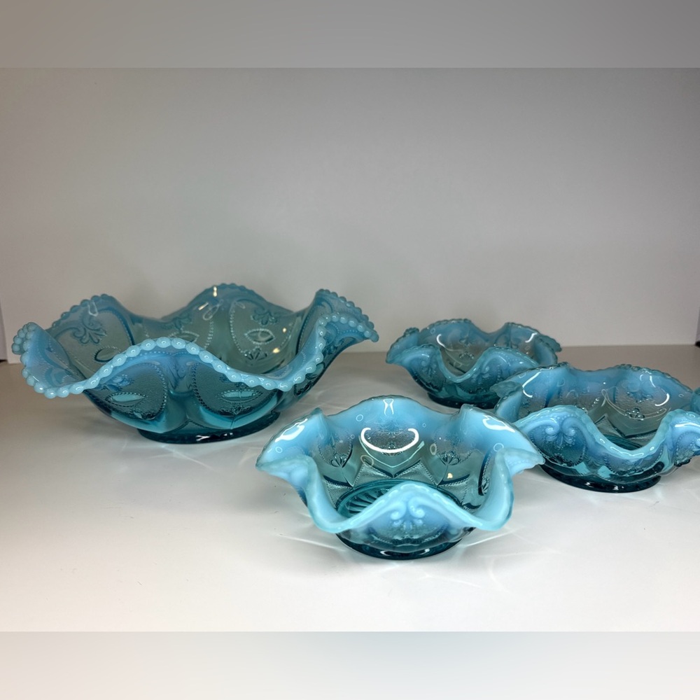 Northwood Jewel Heart Opalescent Ruffled Scalloped Blue Bowls - Picture 5 of 10